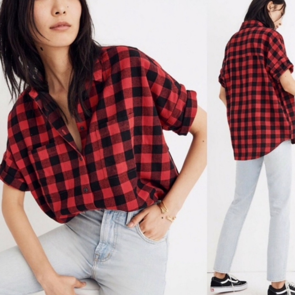 MADEWELL Flannel Courier Shirt Buffalo Checker Short Sleeves Oversized